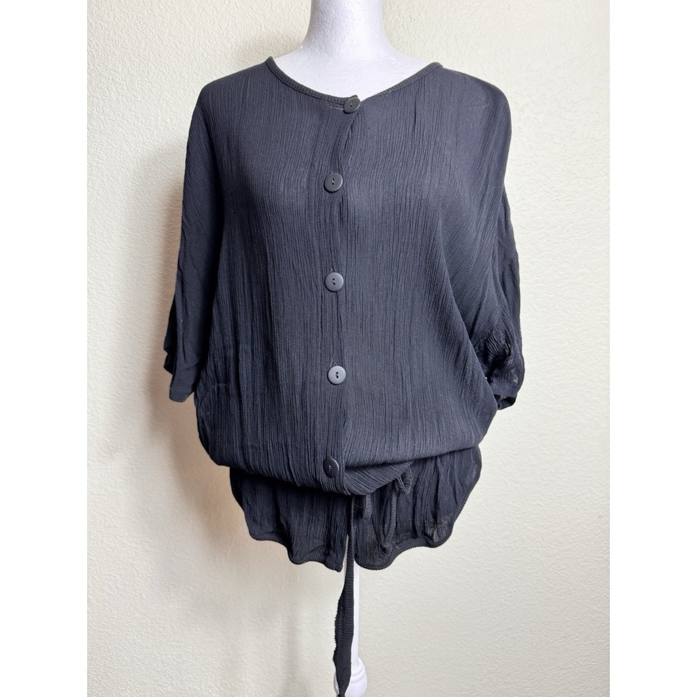 Forenza Blouse M Womens Black Rayon Crinkle Gauze Button Blouson Vintage 80s Top